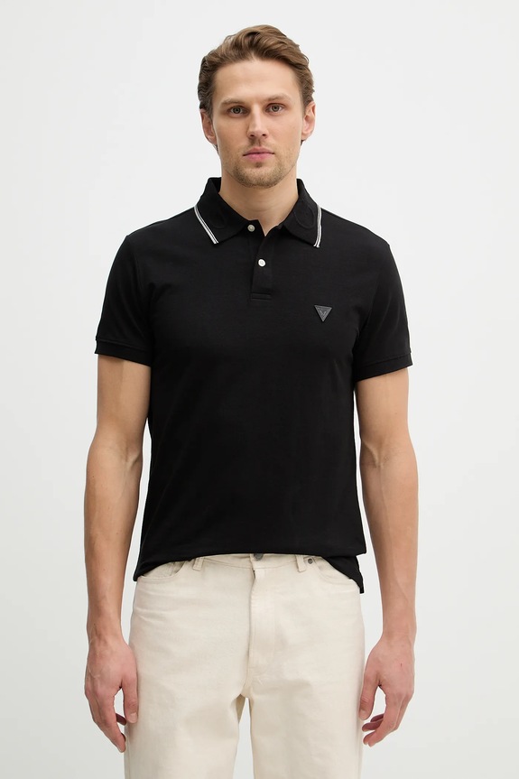 Тениска с яка Guess NOLAN вталена черен M6RP66.J1314