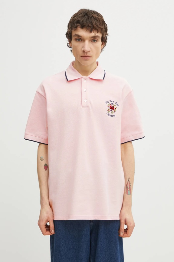 Βαμβακερό μπλουζάκι πόλο Drôle de Monsieur Polo Piqué Slogan Rose βαμβάκι ροζ J.PL161.CO264.LPI