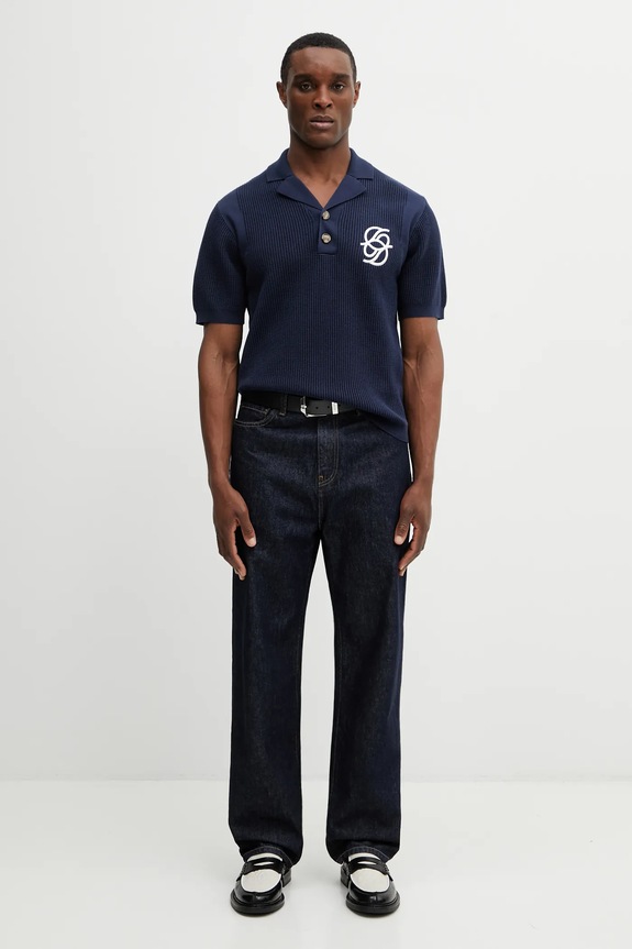 Памучна тениска с яка Drôle de Monsieur Polo Maille Monogramme J.PO171.CO207.NY тъмносин