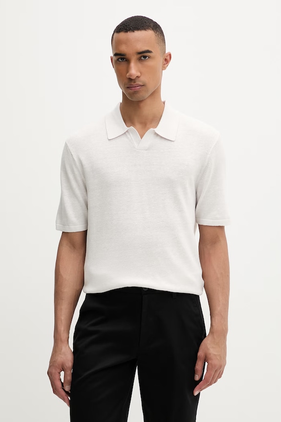 Calvin Klein úpletové polo tričko pánske s prímesou ľanu béžová LV04LF313G