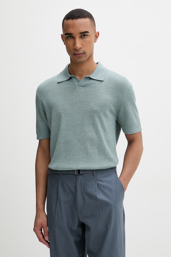 Calvin Klein úpletové polo tričko pánske s prímesou ľanu tyrkysová LV04LF313G