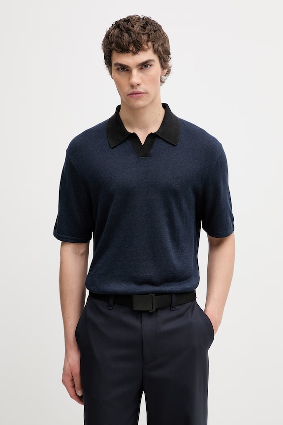 Calvin Klein Πλεκτό μπλουζάκι πόλο Ανδρικό με πρόσμιξη λινού σκούρο μπλε LV04LF313G