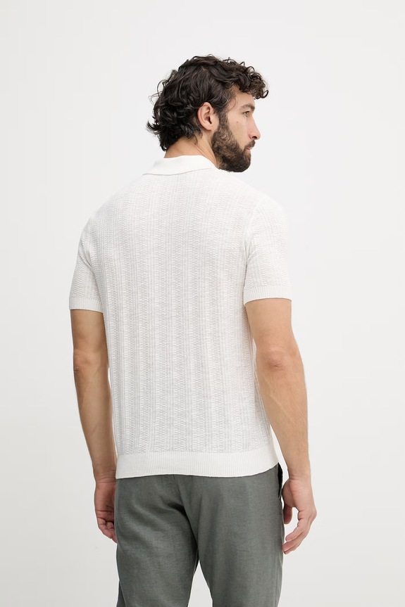 Ρούχα United Colors of Benetton πλεκτό μπλουζάκι πόλο Ανδρικό με πρόσμιξη λινού 1DC3U301T μπεζ