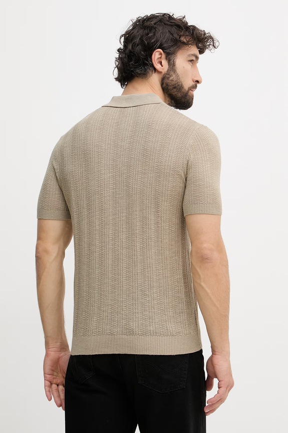 Ρούχα United Colors of Benetton πλεκτό μπλουζάκι πόλο ανδρικό με πρόσμιξη λινού 1DC3U301T πράσινο