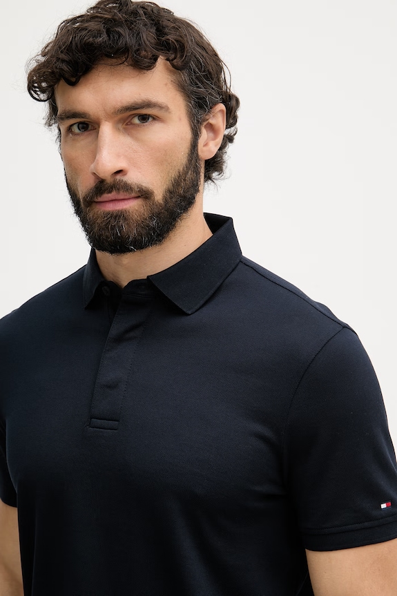 Tommy Hilfiger тениска с яка мъжка от памук тъмносин MW0MW41513