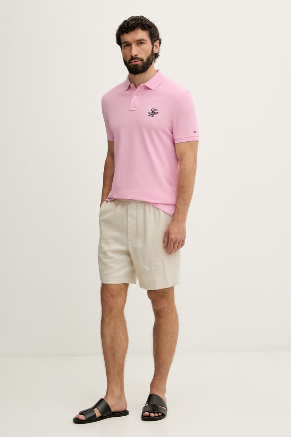Tommy Hilfiger тениска с яка мъжка от памук SUMMER MW0MW43046 розов SS26