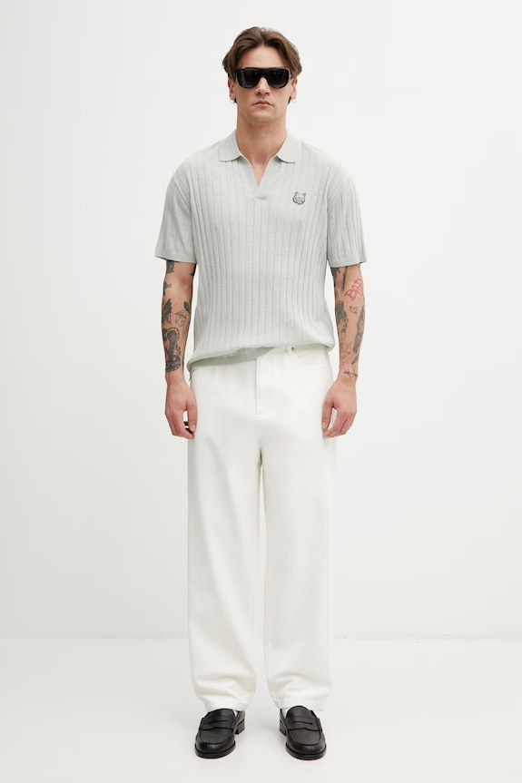 Maison Kitsuné polo męskie z lnem QM00203KT1198 szary