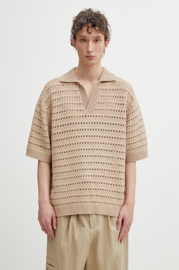 Maison Kitsuné Basket Weave polo ajurat pentru bărbați maro QM00210KT1204