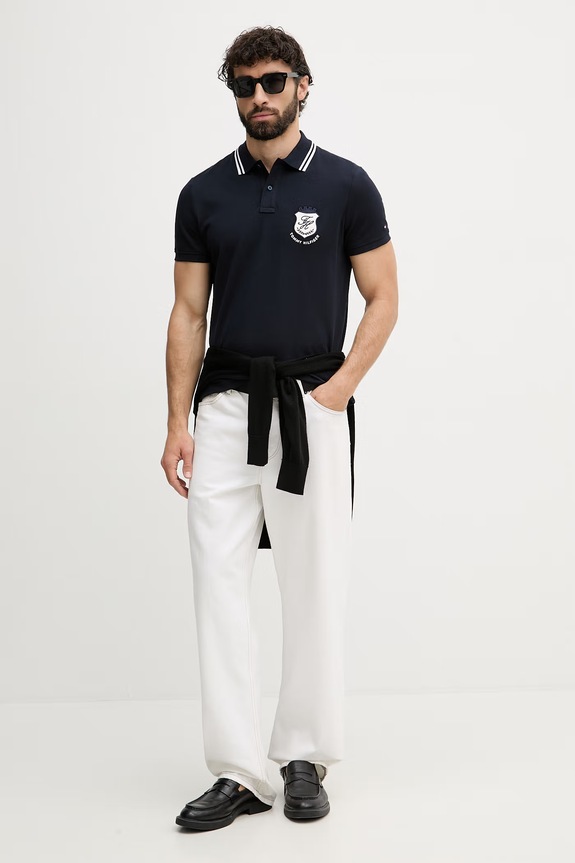 Tommy Hilfiger polo pentru bărbați, cu bumbac MW0MW43061 bleumarin SS26