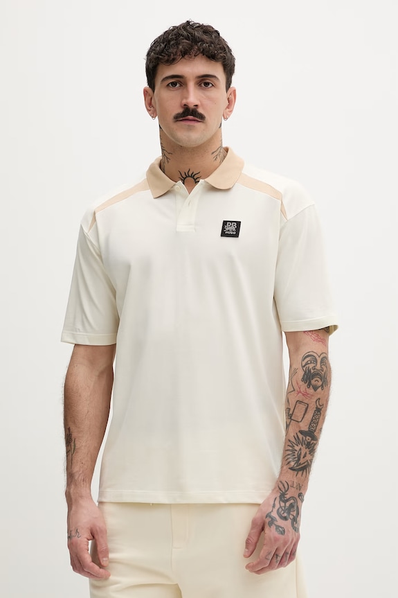 HUGO t-shirt męski bawełniany z elastanem Dunios_RB beżowy 50559650