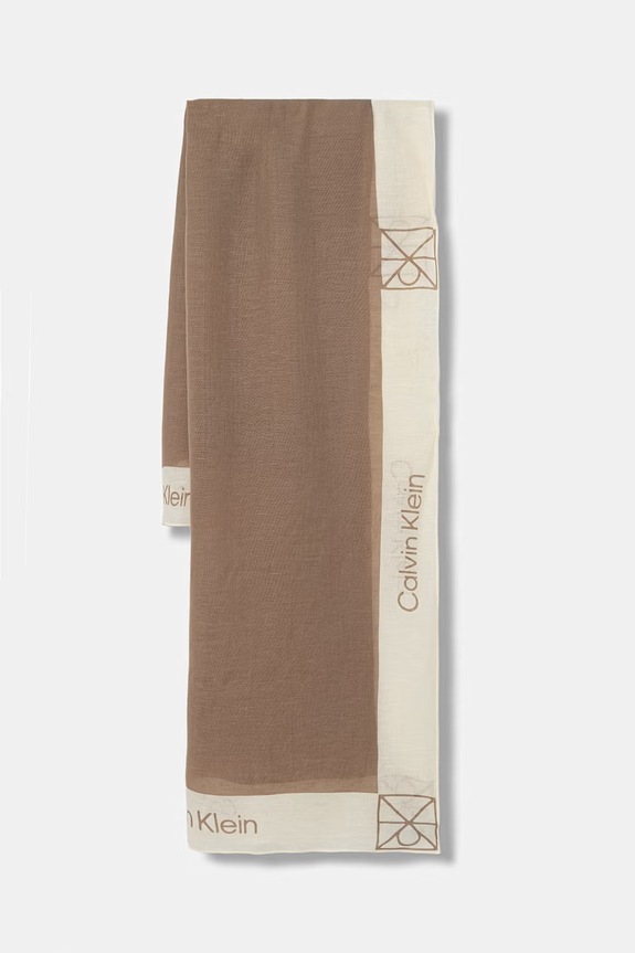 Calvin Klein szal damski z dodatkiem lnu beżowy LV04F9021G