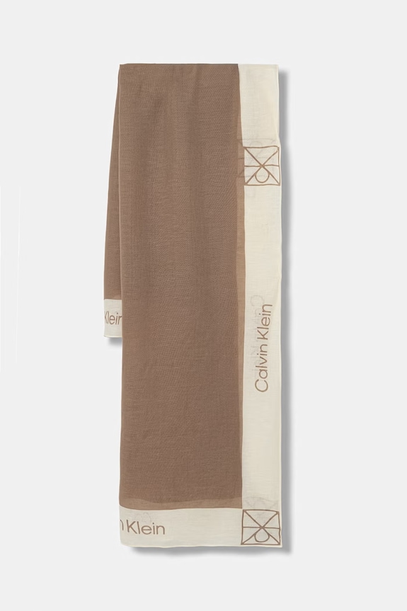 Calvin Klein szal damski z dodatkiem lnu beżowy LV04F9021G