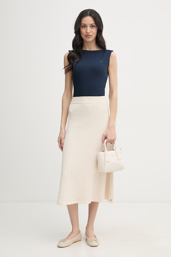 Tommy Hilfiger πλεκτή φούστα βαμβακερή WW0WW49614 μπεζ SS26