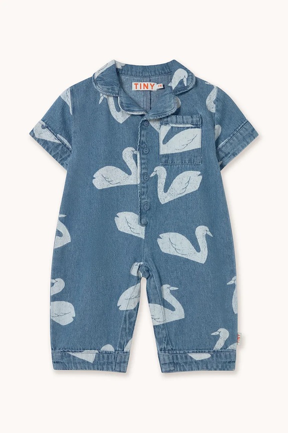 Tinycottons salopetă din denim pentru bebeluși BIG SWANS BABY ONE-PIECE scurt albastru SS26.326