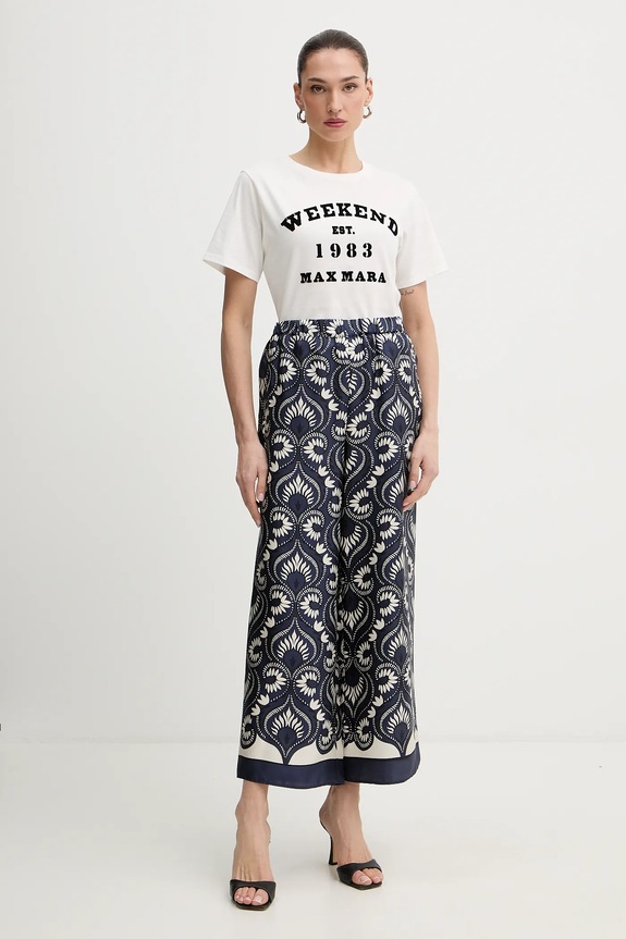 Hodvábne nohavice Weekend Max Mara OTTICO 2615131011600 tmavomodrá SS26