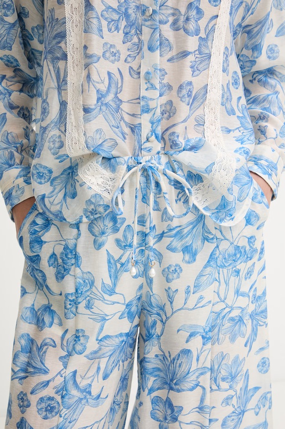 Twinset spodnie palazzo damskie z lnem niebieski 261LM2SBB