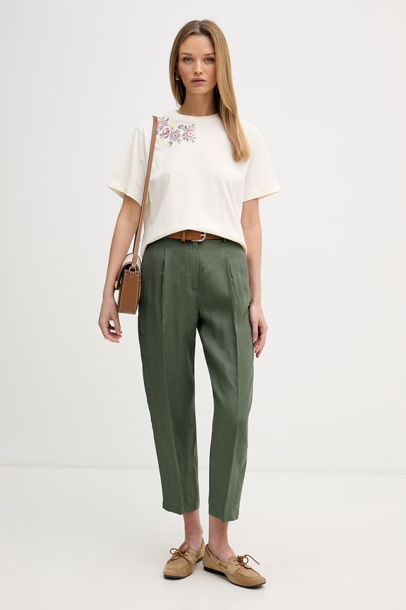 United Colors of Benetton hlače ženske lanene 4AGHDF0AY zelena SS26