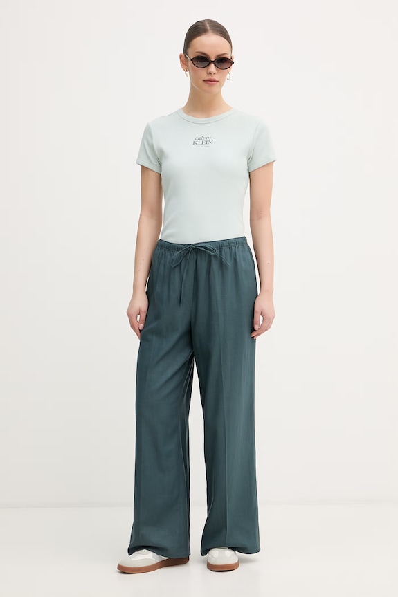 Calvin Klein Jeans spodnie damskie z lnem LV047F631G turkusowy SS26