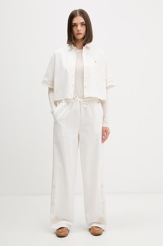 Tommy Jeans nohavice wide leg dámske s prímesou ľanu DW0DW22287 béžová SS26