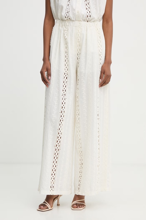 Haveone spodnie wide leg damskie bawełniane beżowy PNO.Q254
