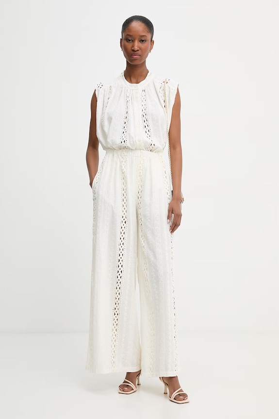 Haveone spodnie wide leg damskie bawełniane PNO.Q254 beżowy SS26