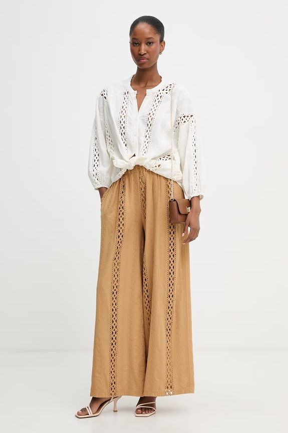 Haveone spodnie wide leg damskie bawełniane PNO.Q254 beżowy SS26