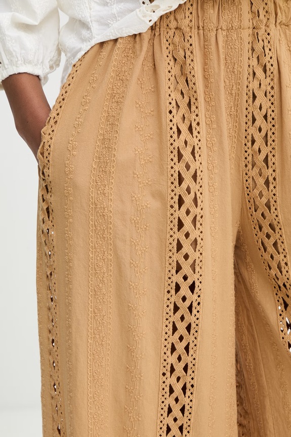 Haveone spodnie wide leg damskie bawełniane beżowy PNO.Q254