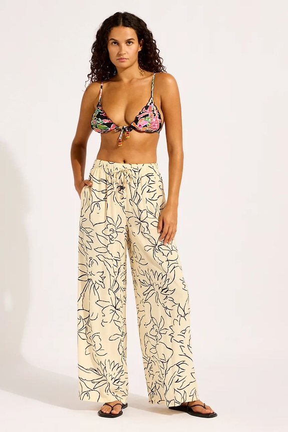 Seafolly nohavice wide leg dámske z viskózy Drawcord Wide béžová 55631.PA