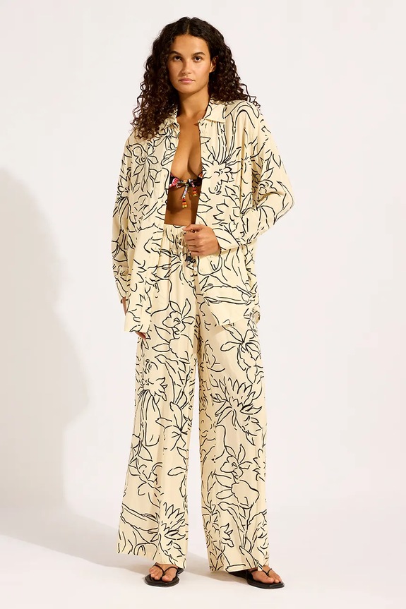 Oblečenie Seafolly nohavice wide leg dámske z viskózy Drawcord Wide 55631.PA béžová