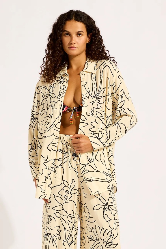 Seafolly nohavice wide leg dámske z viskózy Drawcord Wide béžová 55631.PA