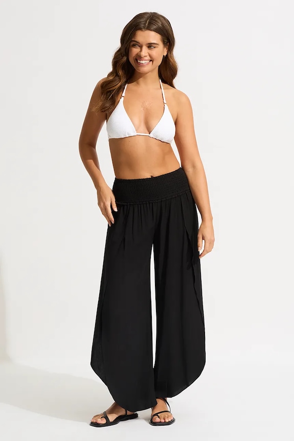 Seafolly nohavice baggy dámske z viskózy Shirred Waist Wrap čierna 53341.PA