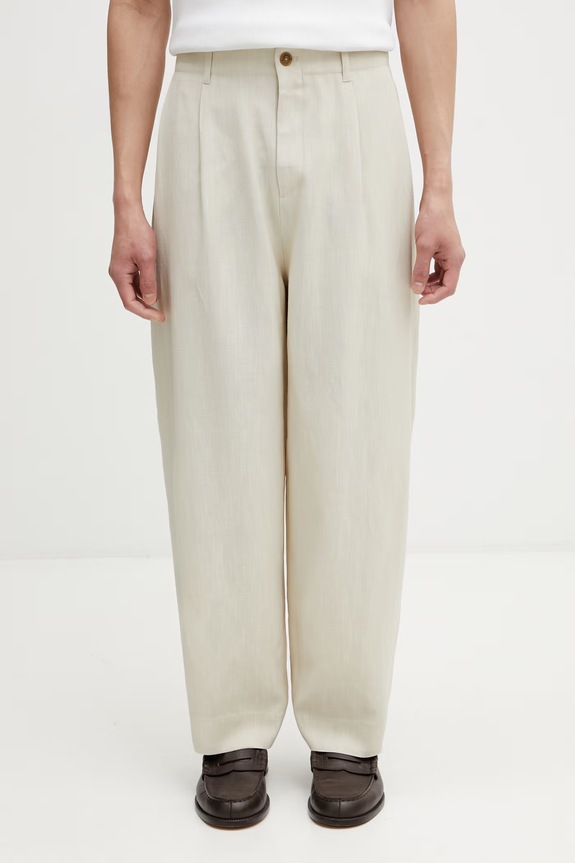 Maison Kitsuné kalhoty s viskózou pánské béžová QM01107WW9096