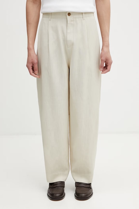 Maison Kitsuné kalhoty s viskózou pánské béžová QM01107WW9096