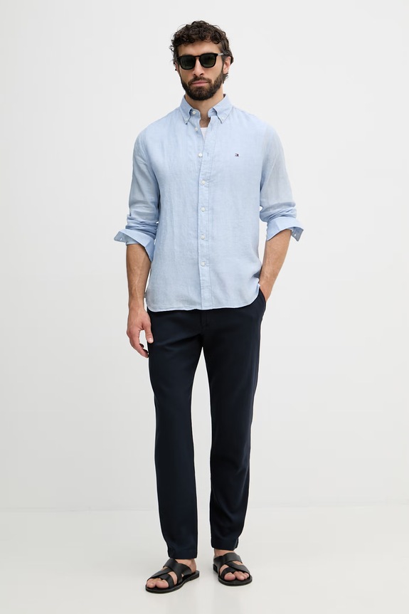 BOSS Orange hlače chinos za muškarce od pamuka s elastanom Pleated 50559158 mornarsko plava SS26