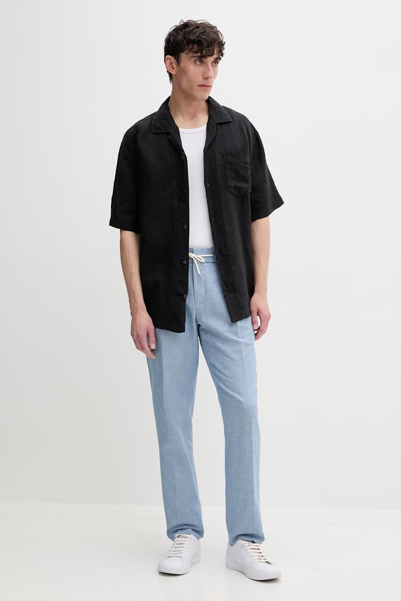HUGO nohavice slim fit pánske s prímesou ľanu Getlin251F3 50559695 modrá SS26