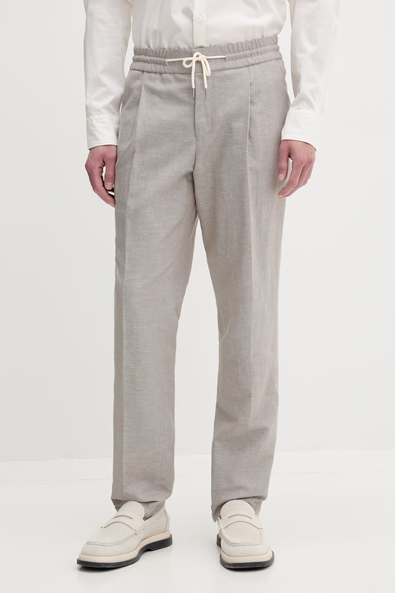 HUGO nohavice slim fit pánske s prímesou ľanu Getlin251F3 béžová 50559695