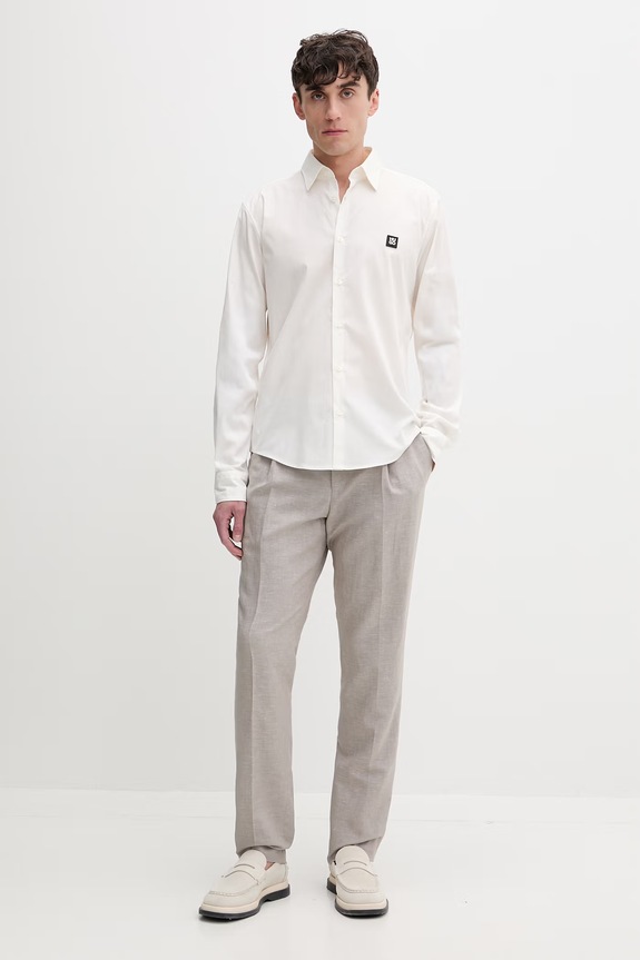 HUGO nohavice slim fit pánske s prímesou ľanu Getlin251F3 50559695 béžová SS26