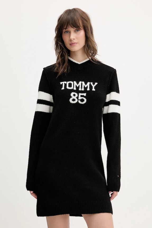 Šaty s prímesou vlny Tommy Jeans s elastanom čierna DW0DW21906