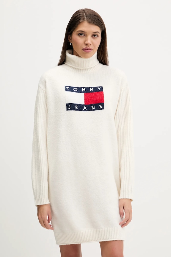 Tommy Jeans sukienka z domieszką wełny długi beżowy DW0DW21908