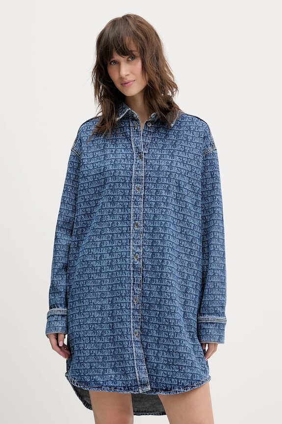 Rifľové šaty Tommy Jeans s elastanom modrá DW0DW22492