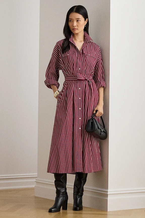 Bavlnené šaty Lauren Ralph Lauren pásiky burgundské 200P03516