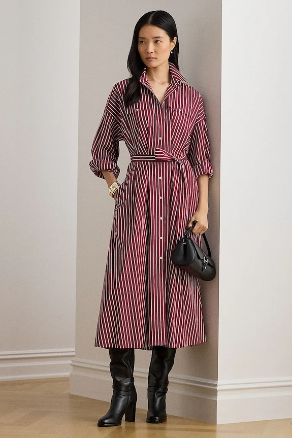 Bavlnené šaty Lauren Ralph Lauren pásiky burgundské 200P03516