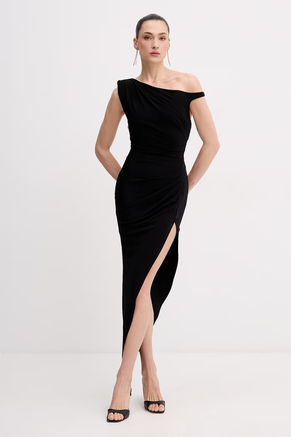 Elisabetta Franchi aszimmetrikus viszkóz ruha fekete AB90661E2