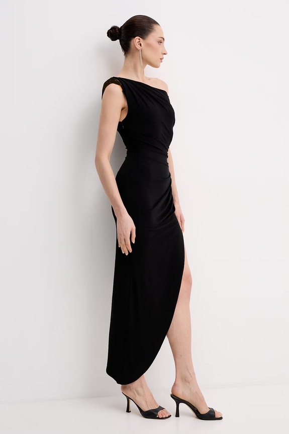 Elisabetta Franchi aszimmetrikus viszkóz ruha AB90661E2 fekete SS26