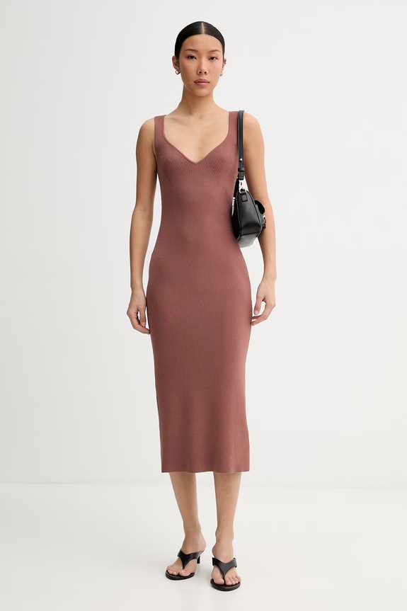 Calvin Klein priliehavé šaty s viskózou LV044F304G hnedá SS26