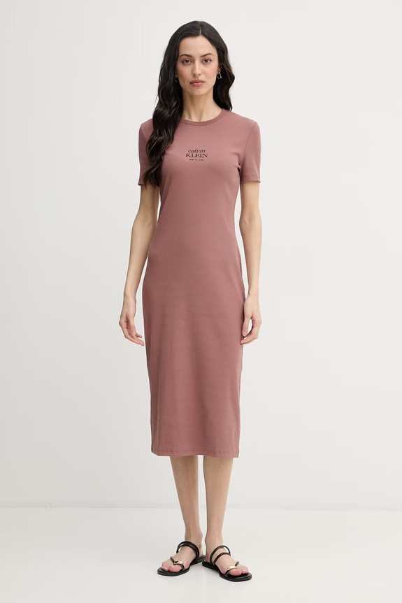 Calvin Klein Jeans rochie din bumbac cu elastan maro LV044F241G
