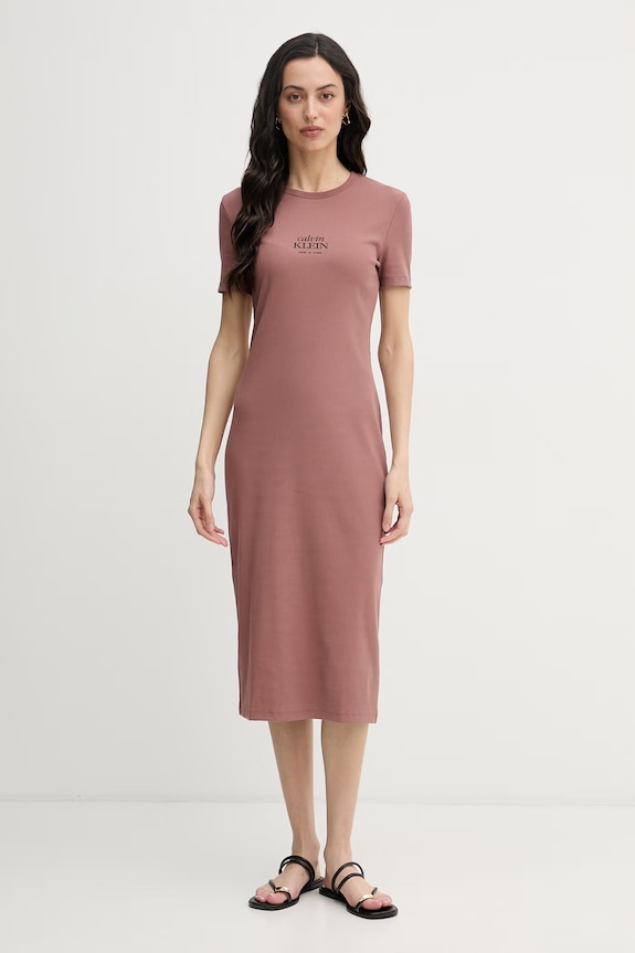 Calvin Klein Jeans rochie din bumbac cu elastan maro LV044F241G