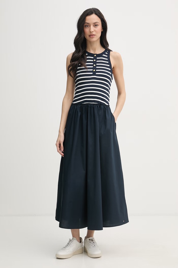 Tommy Hilfiger φόρεμα flared βαμβακερό σκούρο μπλε WW0WW49628