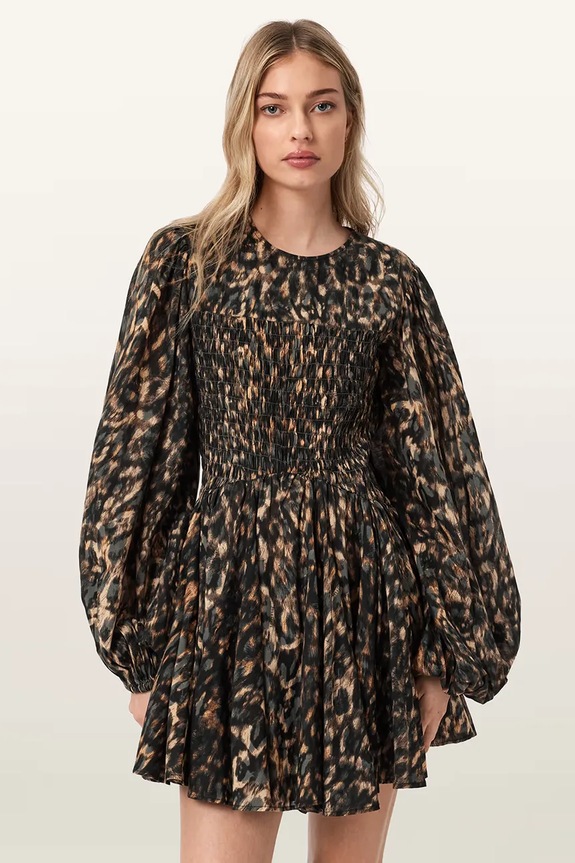 AllSaints sukienka rozkloszowana bawełniana CHIA brązowy W014DE