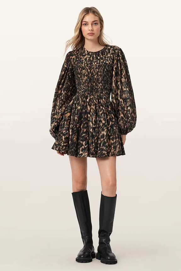 Odzież AllSaints sukienka rozkloszowana bawełniana CHIA W014DE brązowy